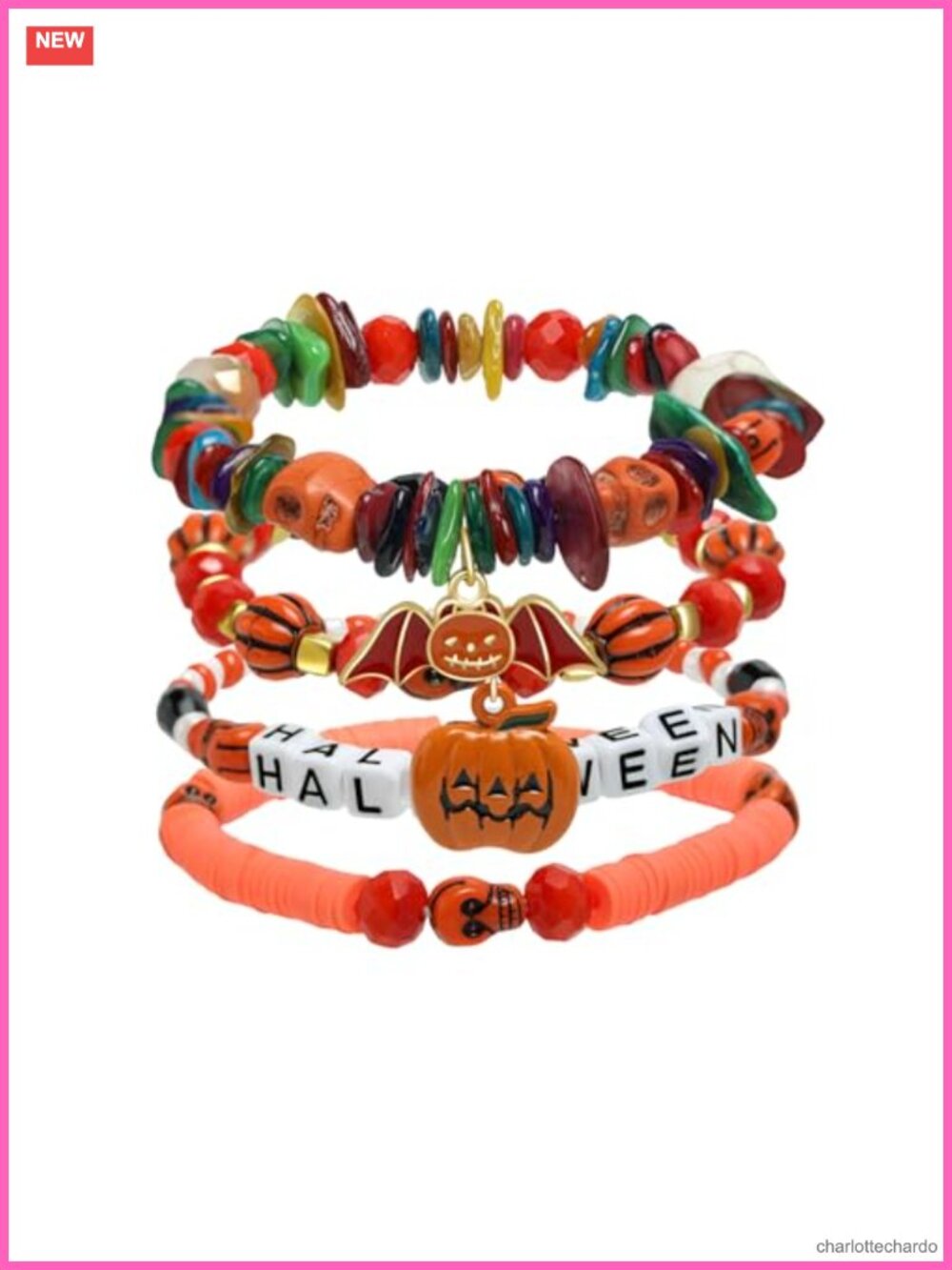 4pc Halloween Stretch Bracelets Skull Pumpkin Bat Witch Hat Charm Stackable